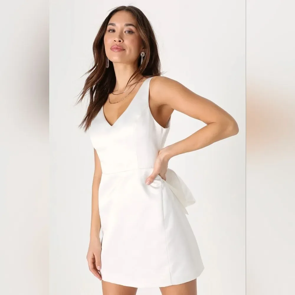 Lulus Charming Celebration White Taffeta Bow Mini Dress XS